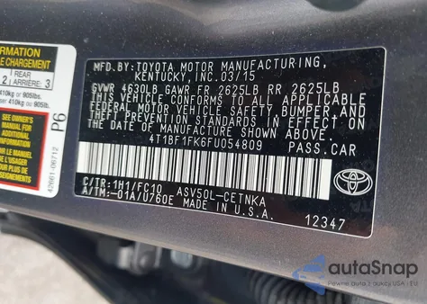 2015 Toyota Camry Le из США, поврежденный, VIN 4T1BF1FK6FU054809